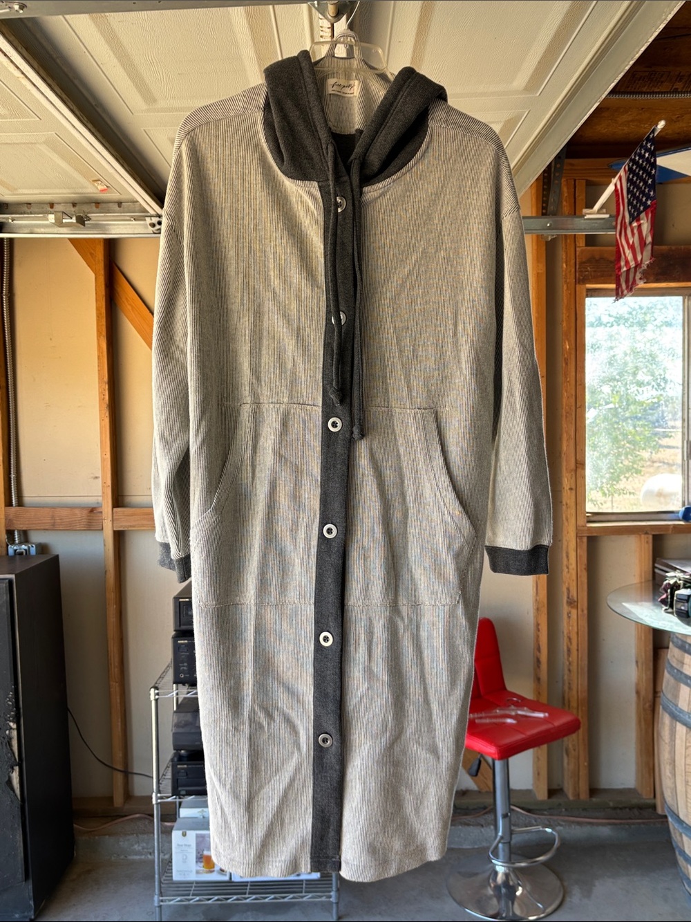Free People Gray Hooded Long Coatigan with Black Trim